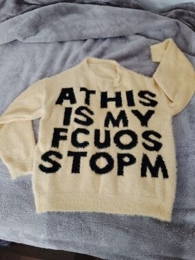 Urban Bright Yellow Graphic Fuzzy Boyfriend Sweater w/ Black Lettering- Dopamine